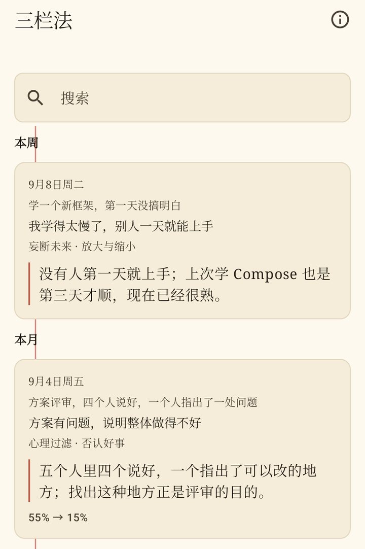 思维记录列表：按周、月分组，每条记录显示情境、自动化思维、认知歪曲标签和理性回应，以及可选的相信程度变化。